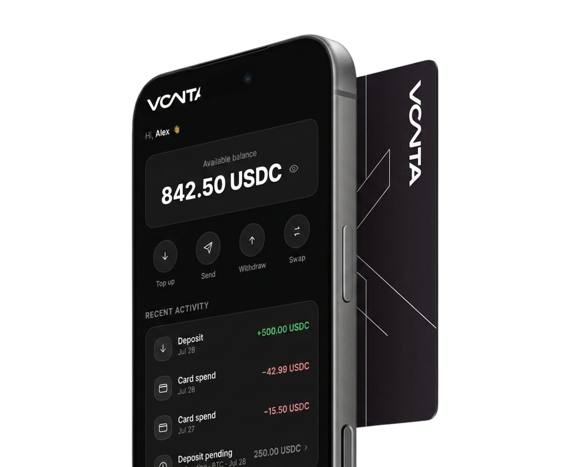 The VantaCard app showing an 842.50 USDC balance next to the physical Visa card
