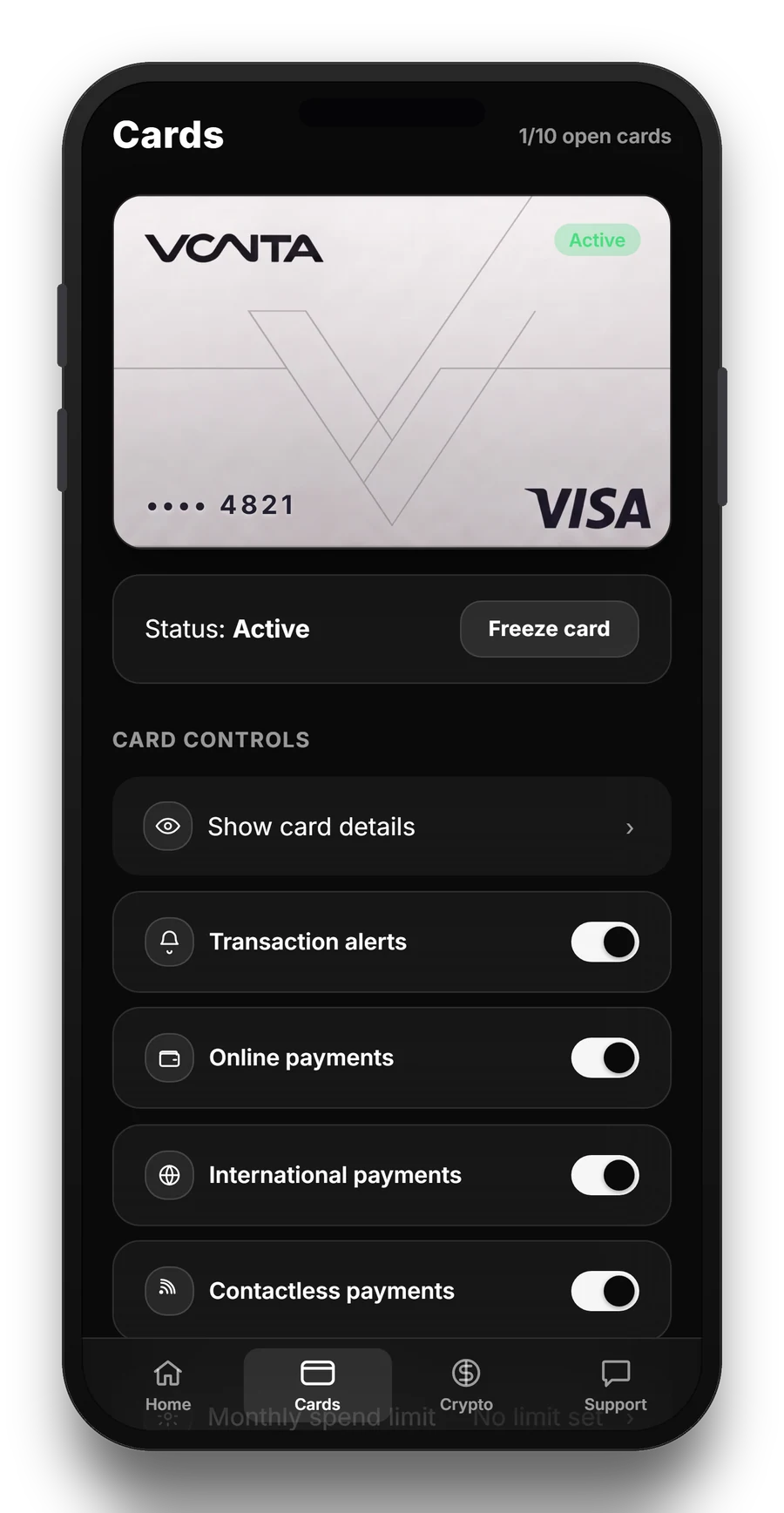 An active VantaCard Visa card