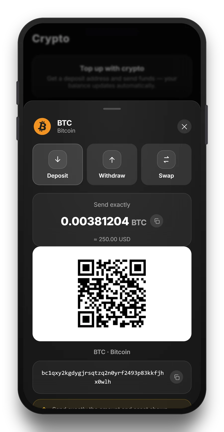 Depositing Bitcoin with a QR code and exact amount